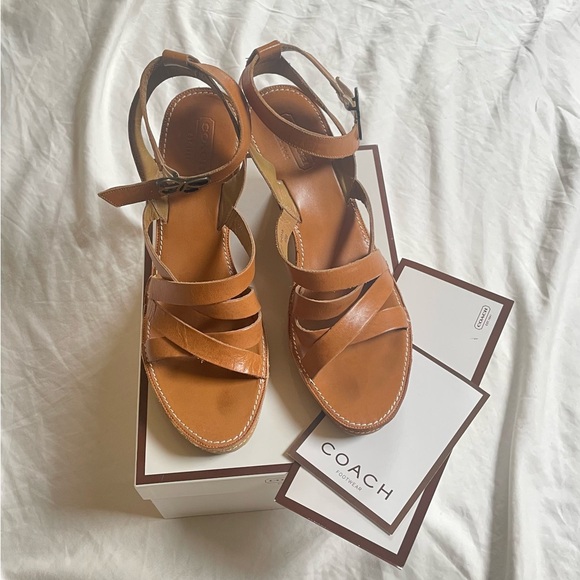 Coach Brown Leather Women's Wedge Sandals - Picture 2 of 9